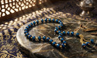 Navy Blue Muslim Prayer Beads Gold Tone Alloy Spacers Glass Tasbih Necklace