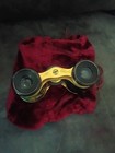 Antique French Brass Opera Glasses - Green black Enamel Leather - Red Velvet Bag
