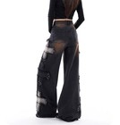 Women s Blue Black Denim Jeans Straight Leg Casual Pants Studded Loose Trousers