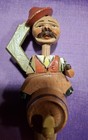 Vintage Mechanical Carved Wood Wine Bottle Stopper Man On Barrel Tips Hat