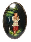 Vintage Russian Black Lacquer Hand Painted Brooch Pin Man Flute Music Metallic