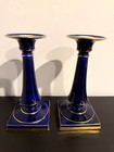 Vintage Pair Cobalt Blue Porcelain Candlesticks Square Base Gilt Trim 7 25  Tall