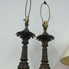Pair Antique Bronze Accent Lamps Victorian Beaded Floral Design Ornate Metal
