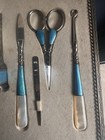 Antique Silver Guilloche Blue Enamel Grooming Set With Crystal Silver Clock