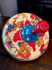 Vintage Ohio Art Co spinning Litho Tin Toy Top - Large   Garden Rabbit Pig   Usa