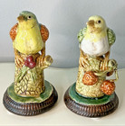 Majolica Ceramic Colorful Song Bird Figure On Branch Metal Base Signed A Pair