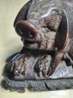 Heavy Carved Stone Mother Pig With 2 Piglets  On A Carved Wood Attached Base 