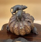 Japanese Meiji Bronze Okimono - Rats On Pumpkin   Pomegranate  Signed Sensai