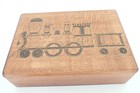 Vintage Wooden Box Carved Train W  Inlaid Gold Wire Wood Interior Jewelry Cards