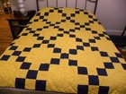 Quilt Navy Blue Bright Yellow 80  X 80   Handquilted Machine Pieced  Never Used