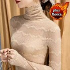Women Sheer Lace Shirt Hollow Blouse Turtleneck Long Sleeve Tops Slim Flocking
