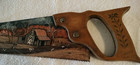 Hand Painted Saw With Cozy Cabin Landscape Scene And Wooden Handle