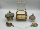 Stunning 3 Pc Ormolu Vanity Set W 2 Perfume Bottles Casket Beveled Glass Box Euc