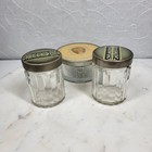 Vintage Glass Vanity Jar Set Cameo Lid   Art Deco Floral Inlay Metal Tops     3 Pc
