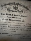 Funeral Directors Dept Of Heath Certificate Pennsylvania 1952