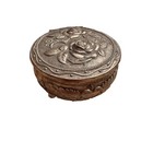 Vintage Ornate Rose Embossed Trinket Jewelry Box Silver Tone Hinged Keepsake