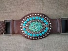 Women s Wide Concho Belt Brown Western Turquoise Studded Buckle