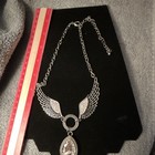 Silver Tone Angel Wing Teardrop Clear Crystal Pav   Pendant Cable Necklace