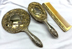 Vintage Ornate Silver Plated 3 Piece Dresser Vanity Set Hand Mirror Brush Comb