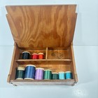 Vtg Wood Sewing Box Mcm Graphics Drop In Lid With Thread Novelty Storage