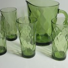 Vtg Brockway Glassware 7 Piece Set Pitcher   Glasses Green Diamond Optic Viva