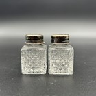 Vtg Mini Glass Salt   Pepper Shakers Diamond Point 1  Square Silver Plate Lids