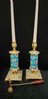 Antique Pair Of French Longwy Floral Enameled With Embossed Brass Candlesticks