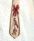 Vintage 1940s Scarlet Silk Brocade Tie With Hand Painted Florida Scenes  Signed