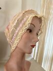 Antique C1920s French Lace Bridal   Bed Cap Bonnet Silk Ribbonwork Mint 26   