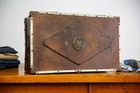 General Electric Industrial Strong Box Safe Brass Badge Wood Tool Box Chest Vtg