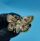 2 10ct Round Cut Lab Created Emerald Butterfly Brooch Pin 14k Yellow Gold Plated
