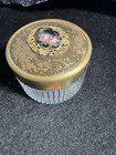 Vintage Glass Vanity Trinket Jar Gold Tone Lid Rose Floral