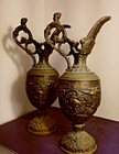 Pair Antique Cast Iron Neoclassical Renaissance Revival Decorative Ewer Pitchers