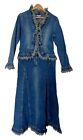 Vintage 2-pc Denim Skirt Jacket Set Us Size 12 Uk Size 14 Western Fringe Size M