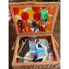 Vintage Wicker Sewing Basket W Fabric Top - Made In Japan - Full Of Supplies  