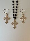 Gold Tone Crystal Cross Pendant Necklace   Drop Dangle Earrings Set