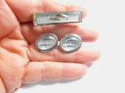 Pat  2853761 Reverse Carved Fish Clear Glass Oval Cufflinks Tie Clip Set Vintage