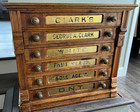 Antique 1800 s Refinished Clark   s Oak Advertising Spool Cabinet With 6 Drawers