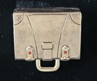 Vintage Silver Tone Mini Suitcase Trinket pill Box Red Rhinestones Engraved Sjb