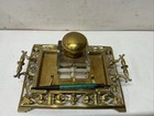 Antique Brass Inkwell   Pen Stand W  Pen 4    Cut Glass Faceted Chamfered Inkwell