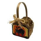 Halloween Vintage Woven Basket Black Cat Pumpkin Design Rustic Bow Handcrafted