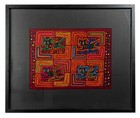 Vintage Kuna Mola Indigenous Panama Folk Art Textile  Leaping Cats  Framed