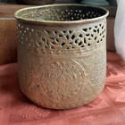 Antique Persian Islamic Brass Engraved Pierced Basin Cache Pot Planter