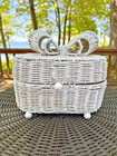 Vintage White Wicker Metal Covered Basket Large Bow Cottage Core 9 x 9 5 x5 75 