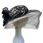 Whittall   Shon Vintage Black Lace   Pearls Wide Brim Hat Netting Floral Accent