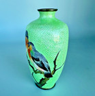 Antique Japanese Ginbari Cloisonne Meiji Period 4 5  Green Vase Signed 