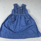 Vintage Usa Denim Girls 6 Jean Jumper Dress Red Rose Bud Button Pockets