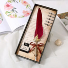 Vintage Feather Dip Pen Set     Copper Holder  5 Nibs  Calligraphy Gift