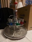 Vintage Mid Century Modern 6 Shot Glass Pump Decanter With Snack Trays