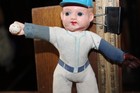 Vintage Japan 8  Celluloid Cloth   Straw Baseball Player Figure Doll 1940 s